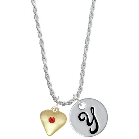 Delight Jewelry Goldtone Large July - Red Crystal Heart Silvertone Script Initial Disc - Y - Charm Necklace, 20"+3"