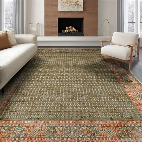 ODIKA 8'x10' Washable Area Rug Non-Slip Chair-Friendly Mat Vintage Abstract Olive Geometric Mosaic With Earth Tone Diamond Accents for Dining Room, Large Office, Lounge