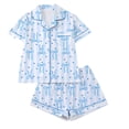 thumbnail image 2 of FASHOFT Bow Pajamas for Women Set Cute Graphic Button Down 2 Piece Pjs Shorts Set Ruffle Notch Collar Sleepwear Blue XXL, 2 of 9
