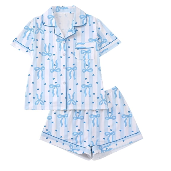 XIAONU Womens Bow Heart Print Pajama Set Piped Trim Short Sleeve Top And Shorts Sleepwear Soft Lightweight Pajamas Set Blue
