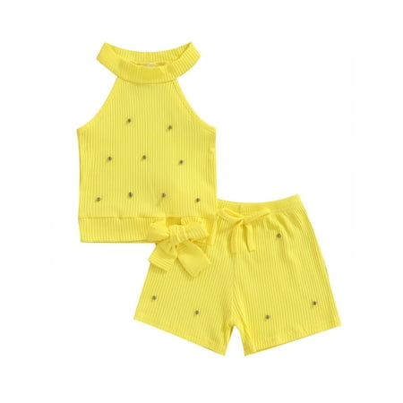

aturustex Toddler Girl Summer Short Clothes Ribbed Ruffle Sleeve Tops+Elastic Drawstring Short Pants Two Piece Solid Outfit Set ( 1-6 Years)
