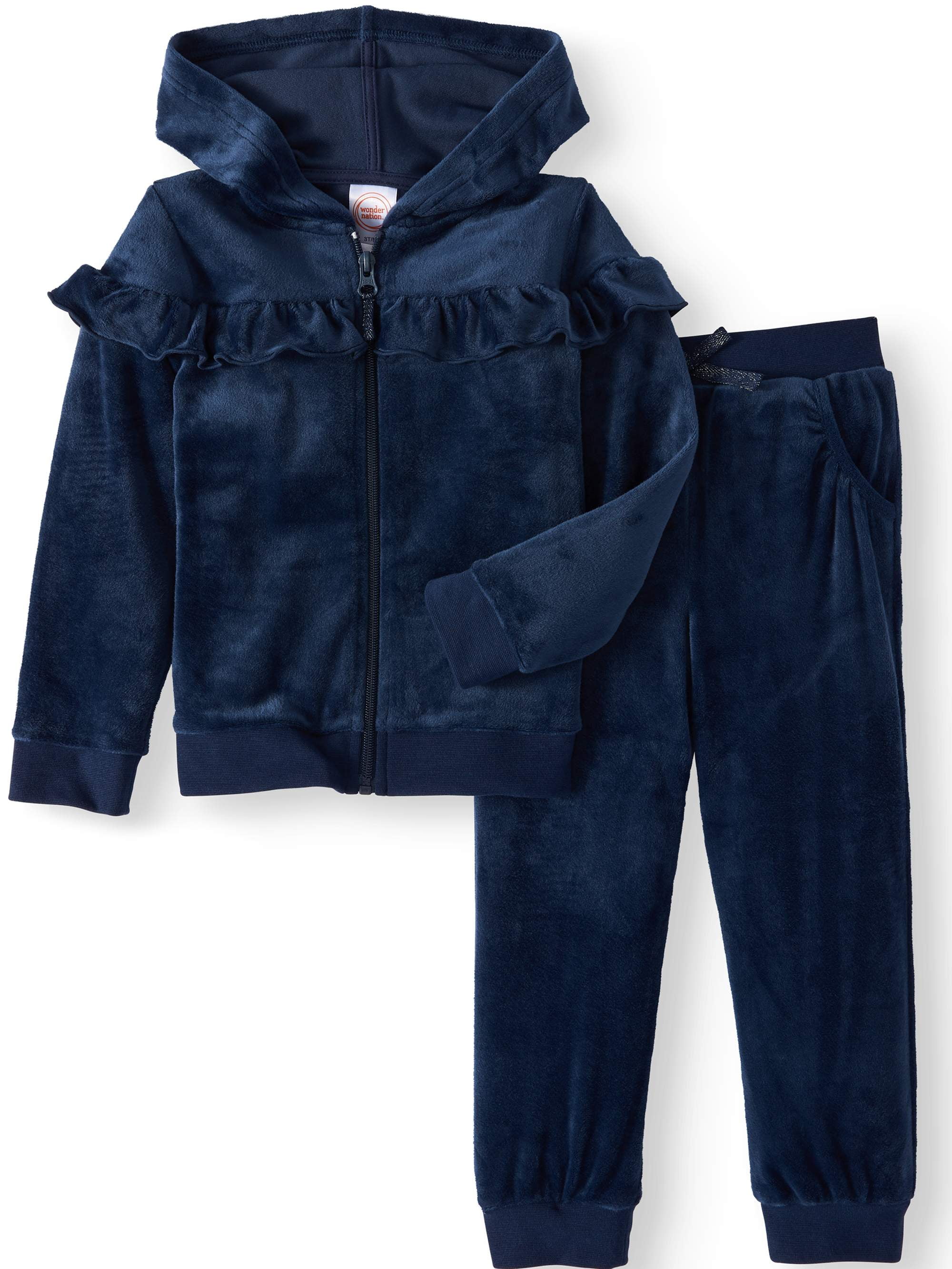Wonder Nation Toddler Girls' Ruffle Velour Track Suit, 2pc Outfit Set