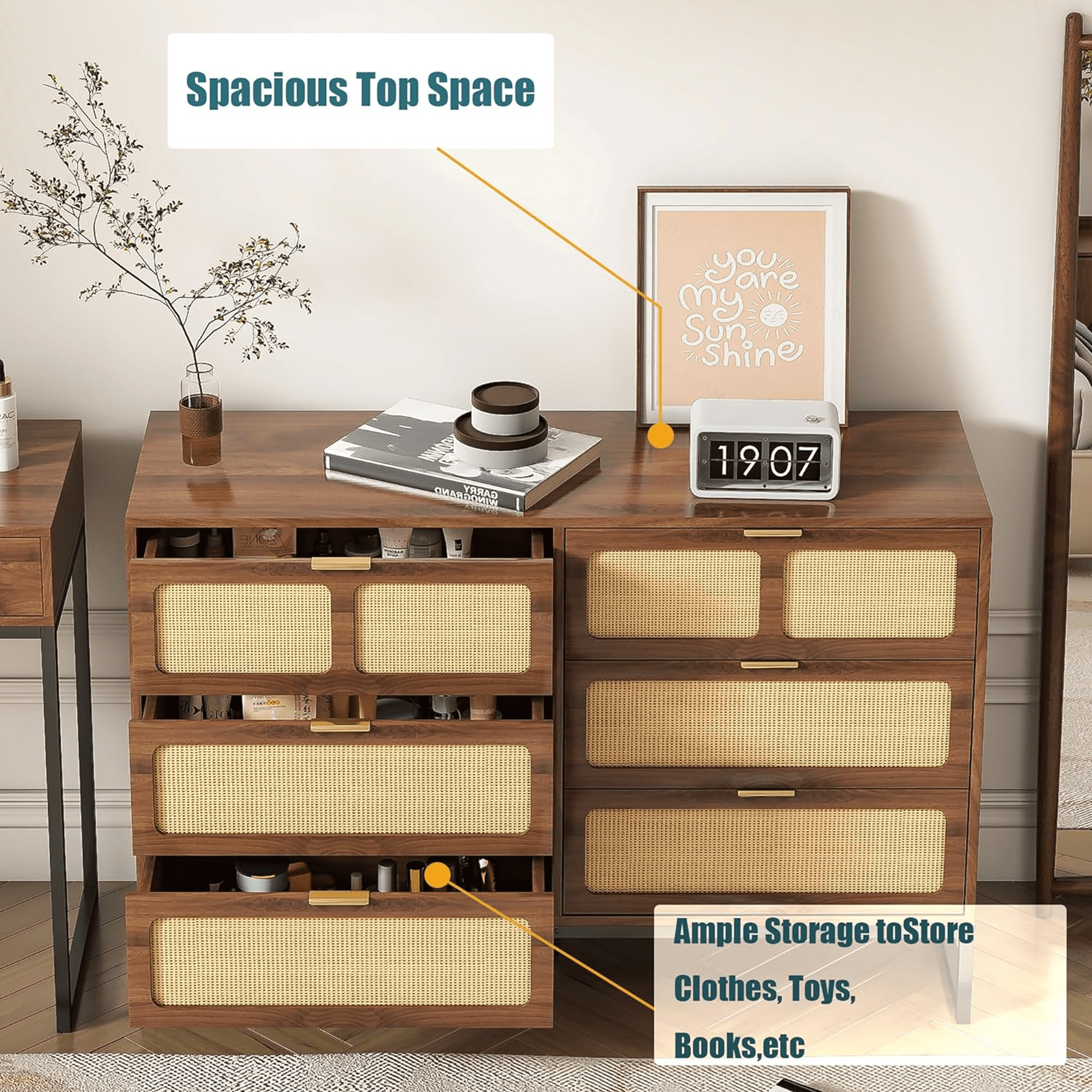 6 Drawer Double Dresser, Rattan Chest of Drawers, Wood Storage Chest for Bedroom Living Room