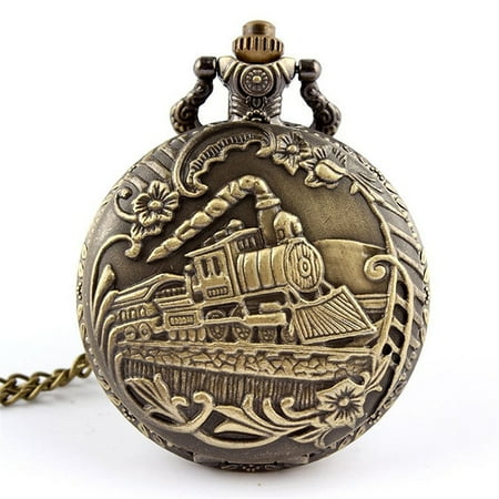 Aofa Unisex Antique Case Vintage Brass Rib Chain Train Pattern Quartz Pocket Watch