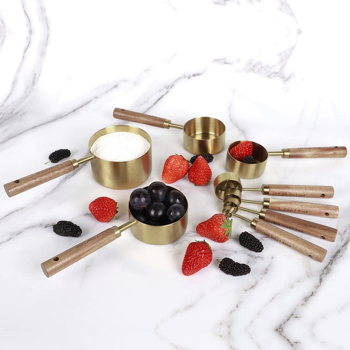 FUYGRCJ 8PCS Measuring Spoons and Cups Set, Precision Measuring Cups with Wooden Handle, 4 Stackable Measuring Cups and 4 Measuring Spoons Set with Metric and US Measurements for Cooking & Baking