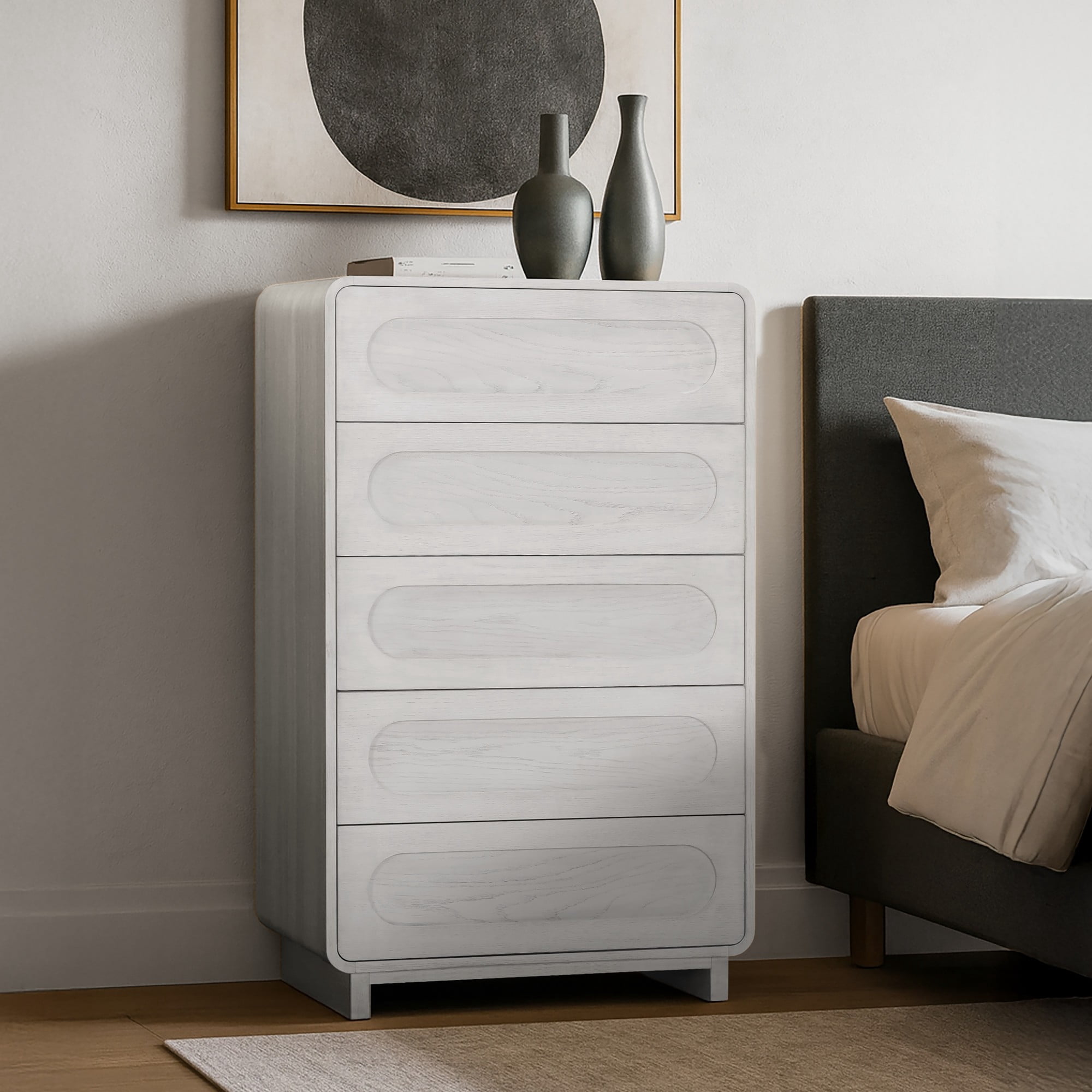 Tenley Mid-Century 5-Drawer Chest Dresser in White - Teamson Home: Push-Open Drawers, Wooden Construction with Real Oak Veneer