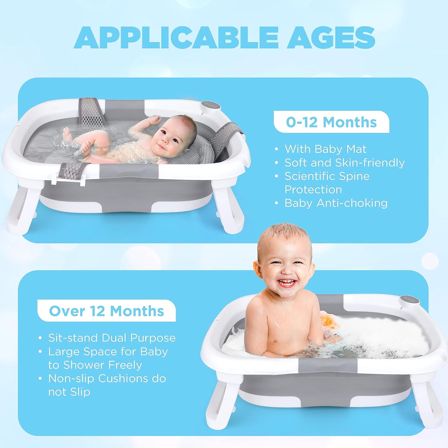 Prociv Foldable Baby Bathtub for Infants to Toddler,Portable Travel Bathtub Multifunctional Bathtub with Drain Hole, Baby Bathtub for Newborn 0-36 Month Gray (with Net)