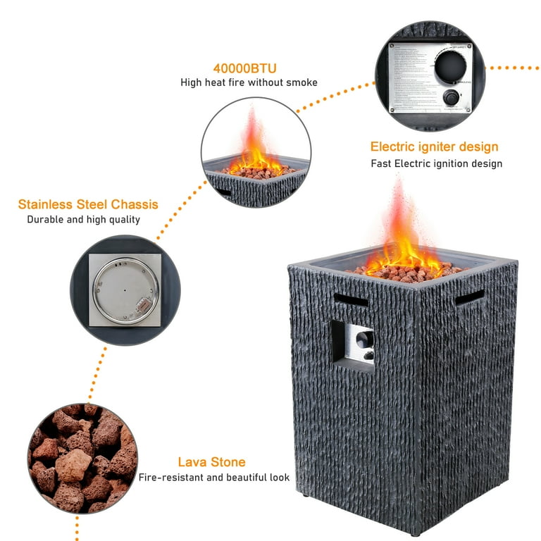 19 inch Outdoor Propane Fire Pit Table with 2 Chairs, 40,000 BTU Patio Gas Heater Column with Vertical Texture Surface, Red Lava Rocks, and PVC Firebowl Cover 19 inch Outdoor Propane Fire Pit Table with 2 Chairs, 40,000 BTU Patio Gas Heater Column with Vertical Texture Surface, Red Lava Rocks, and PVC Firebowl Cover