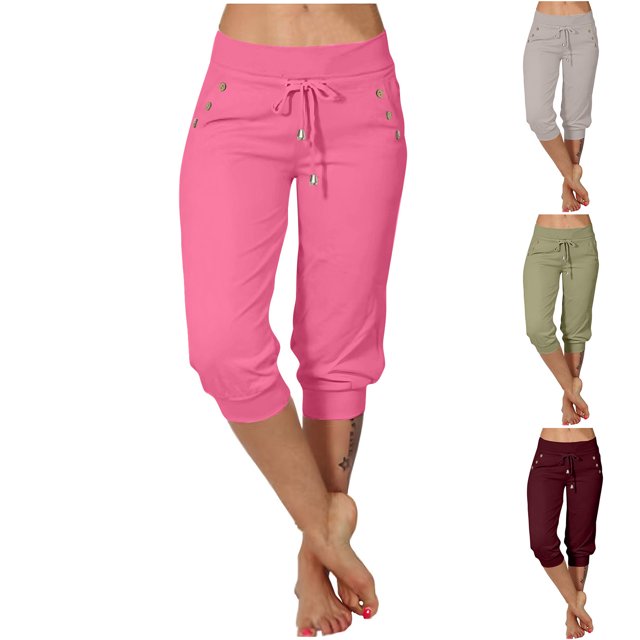 Capri Pants for Women Casual Tight High Waisted Drawstring Button Pocket Cropped Pants Green