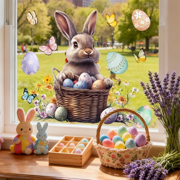 Uuiauoio 1 Sheet Easter Window Clings for Glass Windows, Easter Egg Bunny Butterfly Stickers Spring Window Clings Decorations, Spring Windows Decals for Home Office Party Decor