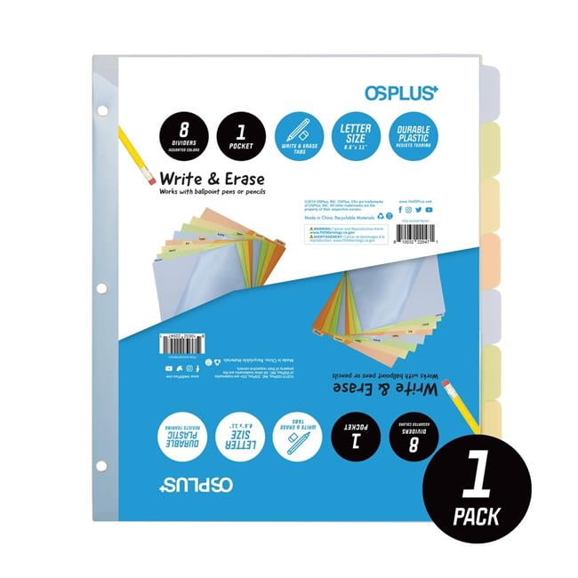 OS Plus OSD8TWEA01 8-Tab Write & Erase Binder Dividers with Single Pocket - Assorted Color
