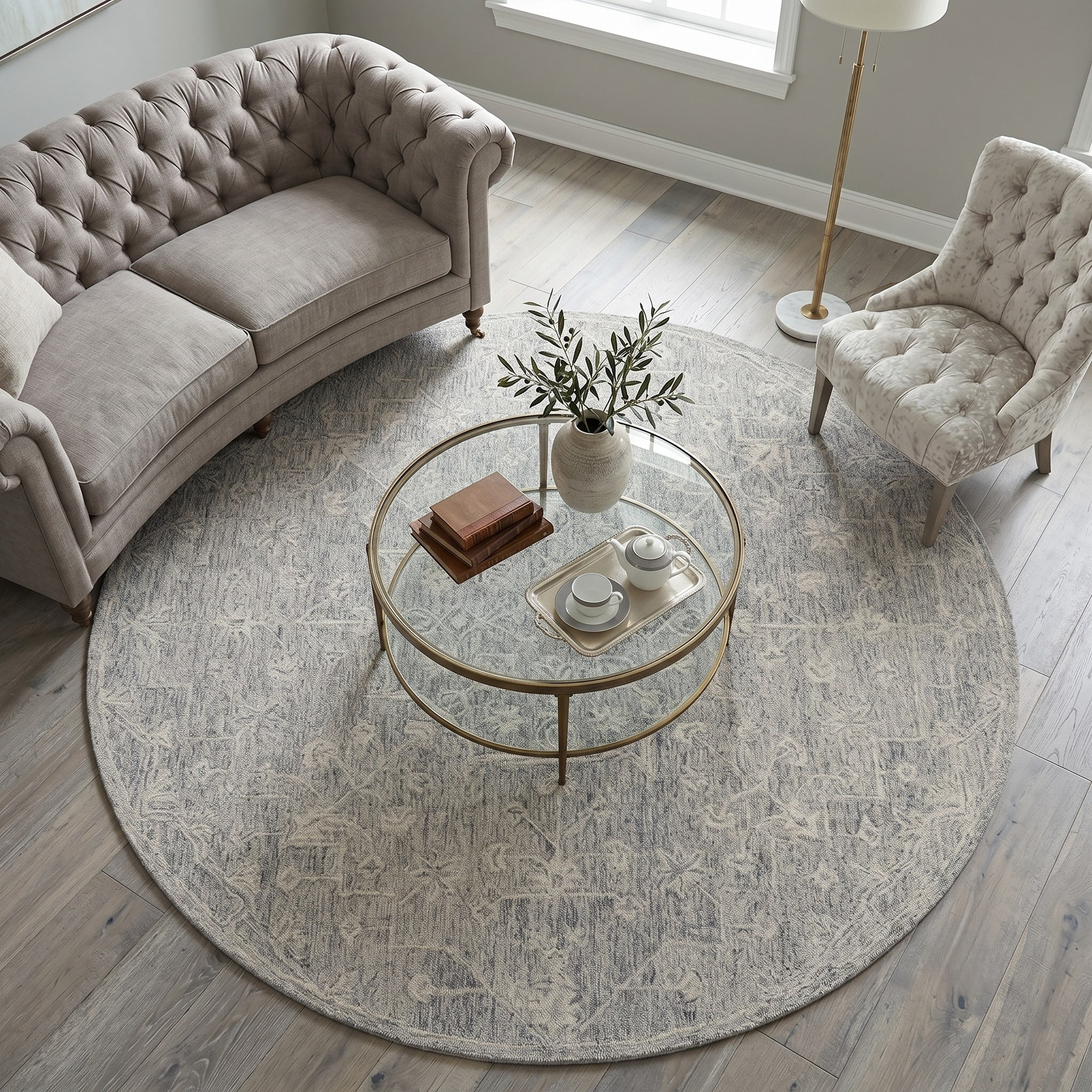 LR Home Sage 7'9" Round Gray/Ivory Floral Wool Indoor Area Rug