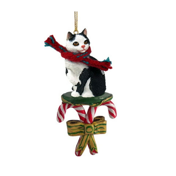Conversation Concepts Black & White Shorthaired Tabby Cat Candy Cane Ornament