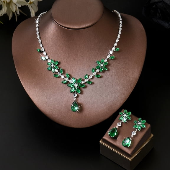 AEXTO Elegant Aqua Blue Crystal Flower Jewelry Set for Women – V-Neck Teardrop Pendant Necklace & Matching Dangle Earrings – Sparkling Bridal Wedding Party Accessories