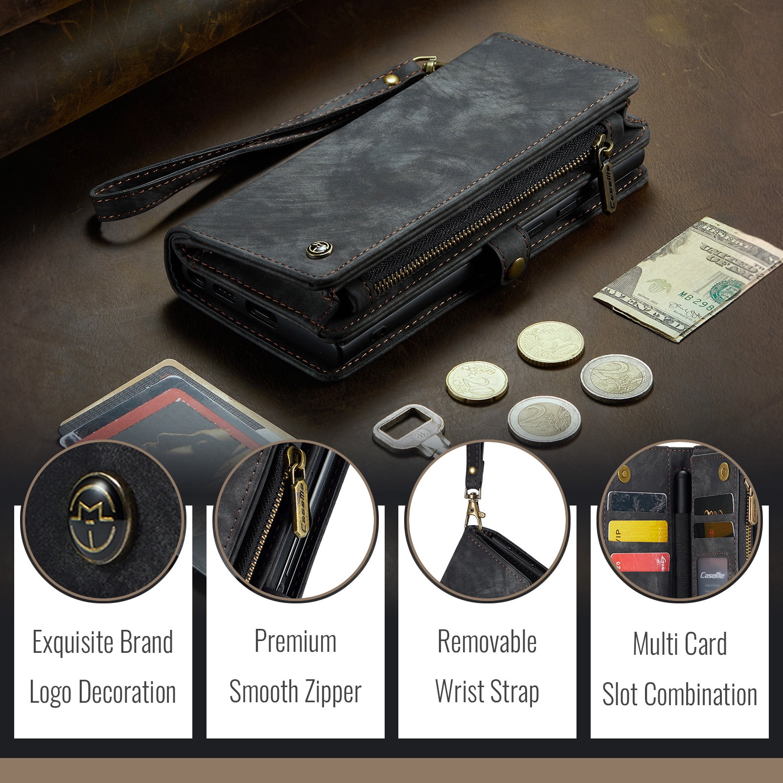 Feishell Durable 2- In-1 Magnetic Detachable Wallet Case for Samsung Galaxy Z Fold 7,for Women Men,Premium PU Leather Zipper Pocket Flip Multi Card Slots Purse Phone Case with Wrist Strap,Black
