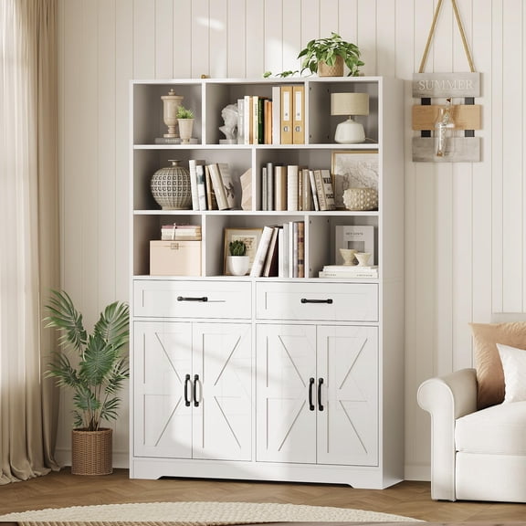 71in Tall Bookcase with 2 Drawers & 4 Doors, 6-Tier 47in Wide Large Modern Bookshelf and Bookcase Storage Cabinet with Shelves for Home Living Room Office, White