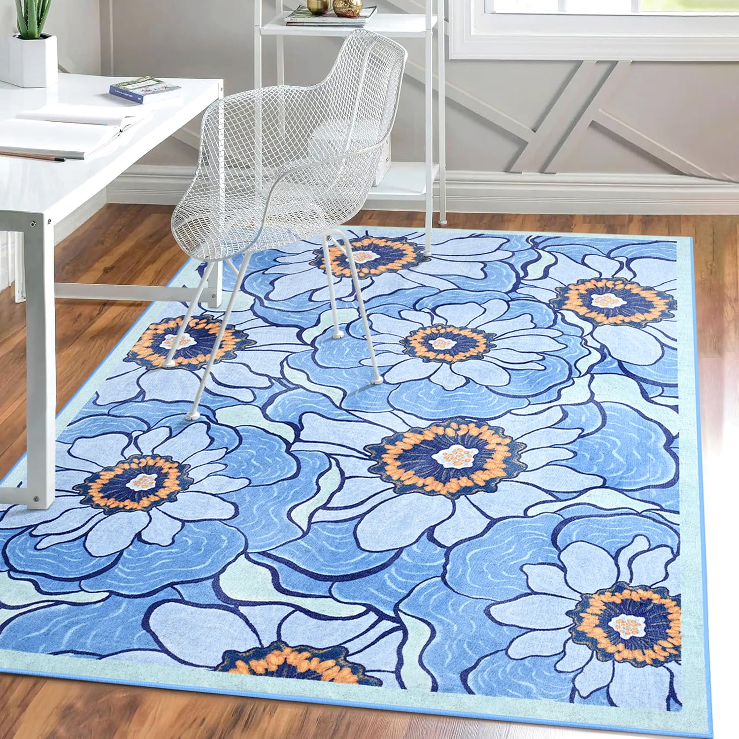 Wellber Area Rug Soft Vintage Floral Rugs Non Slip Carpet for Bedroom Living Room Home Deocr,4'x6',Blue