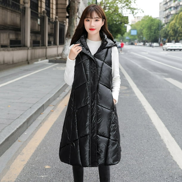 TOWED22 Women Long Quilted Vest Hooded Maxi Length Sleeveless Puffer Vest  Vest with Pockets Zip-Up Padded Coat(Black,XXL)