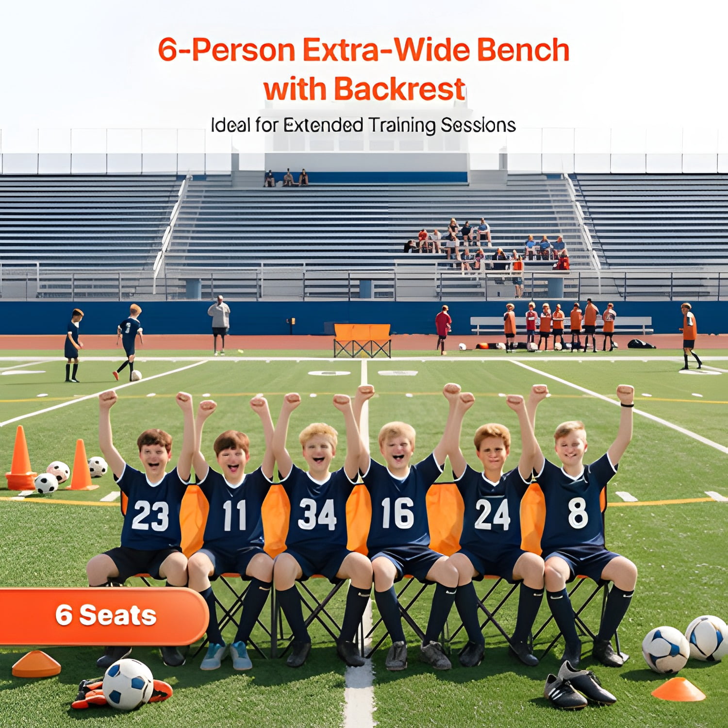 Portable Folding Bench, 6 Seat Foldable Soccer Bench with Side Pockets and Carrying Bag, Lightweight Sideline Seating with Back Rest for Football, Baseball, Camping, Outdoor Events, Orange