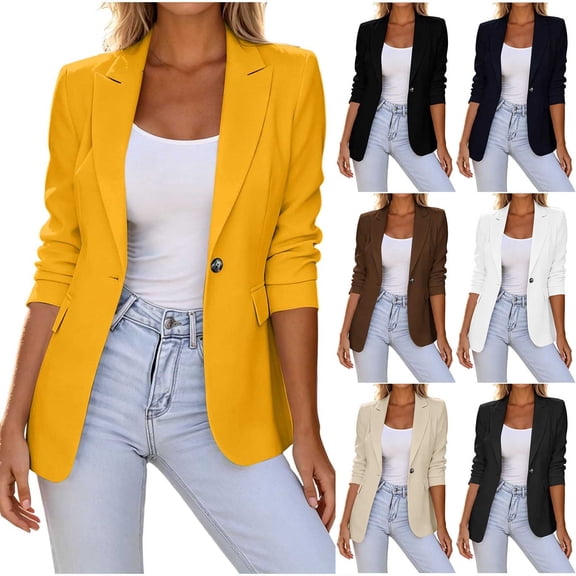 Fengqque Women’s Notched Lapel Single Button Blazer Long Sleeve Loose Relaxed Fit Solid Color office Casual Suit Jacket Yellow XL