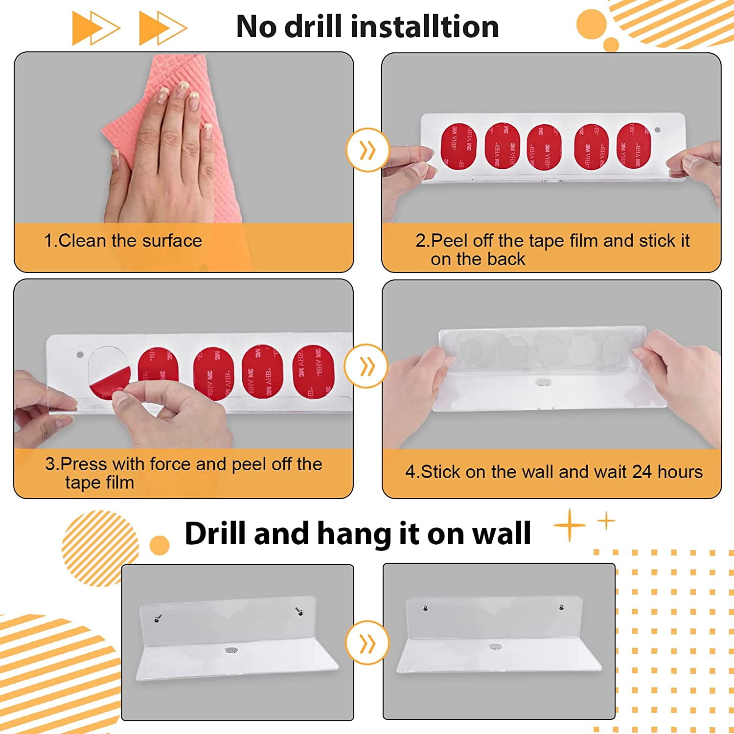 9 Inch Acrylic Floating Shelf, No Drill Adhesive Wall Shelf Set of 4 for Storage, Floating Shelves Damage-Free Expand Wall Space for Living Room, Office, Gaming Room, Bathroom