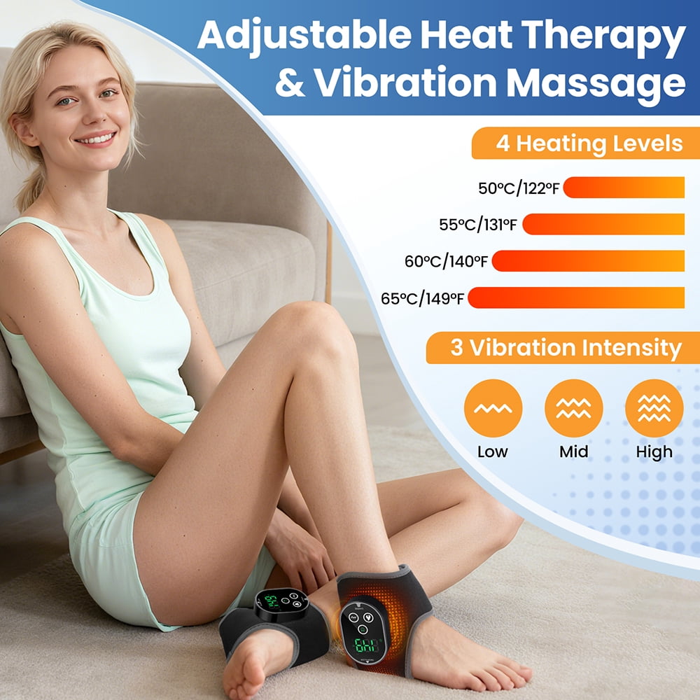 Ankle Heated Wrap Brace, Ankle Heating Pad, Heated Feet Wrap with 4 Heat Levels, 3 Vibration & Timing Modes, 3000mAh Battery, Cordless Ankle Massager with Heat for Ankle Tension, Black 2pcs