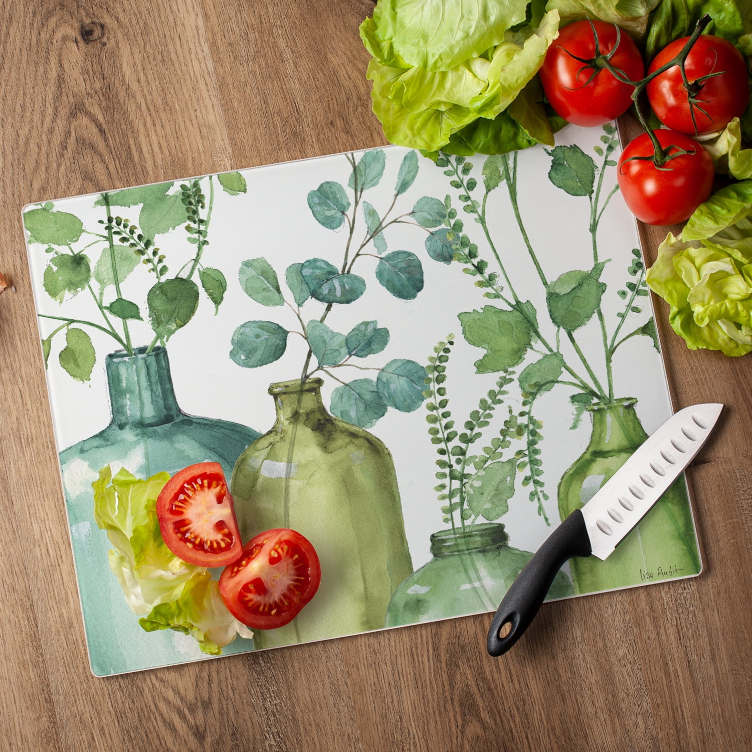 CounterArt "Greenery" 3mm Heat Tolerant Glass Cutting Board 15" by 12"