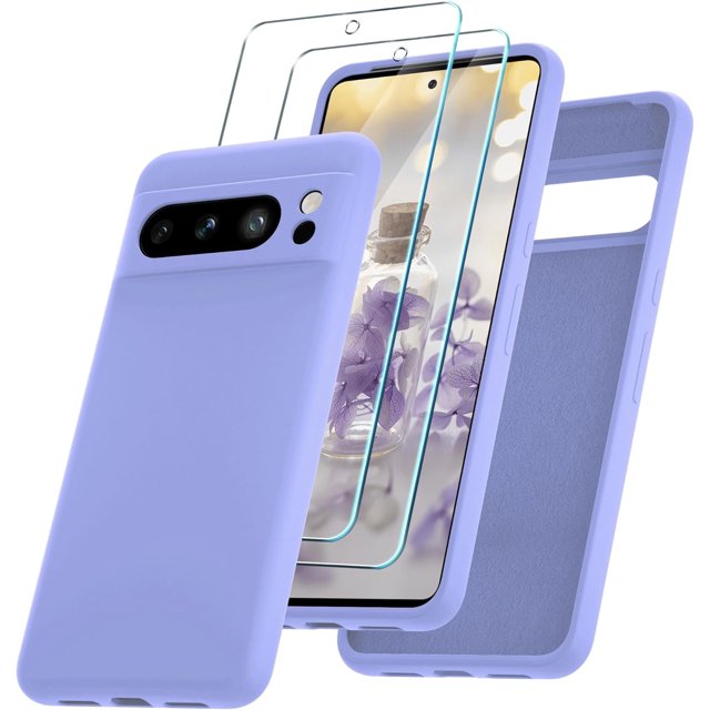KOMI for Google Pixel 8 Pro Case, Silicone Phone Case with 2 Screen Protector, Soft Anti-Scratch Microfiber Lining, Full Body Shockproof Slim Cover Support Wireless Charging, Lavender Purple