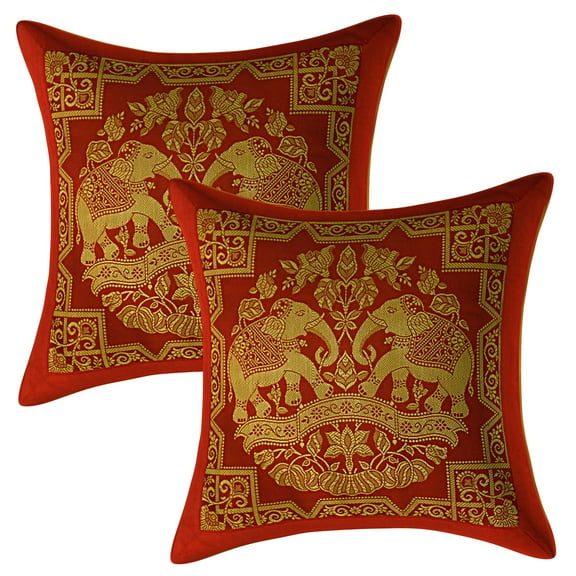 Stylo Culture Indian Decorative Brocade Red And Gold Throw Pillow Covers 12x12 Jacquard Weave Banarasi Christmas Pillow Covers Elephant Floral 30x30 cm Cushion Covers (Set Of 2)