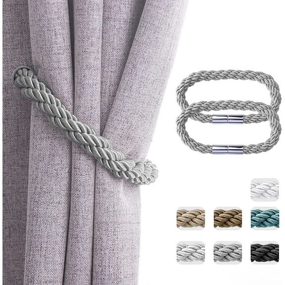Strong Magnetic Curtain Tiebacks Convenient Decorative Weave Rope Curtain Holdbacks for Home Office Window Draperies, 2 Pack, Silver Grey