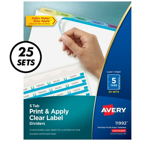 UPC: 0072782119928 | Avery 5 Tab Dividers for 3 Ring Binder  Easy Print & Apply Clear Label Strip  Index Maker Customizable Pastel Tabs  25 Sets (11992)