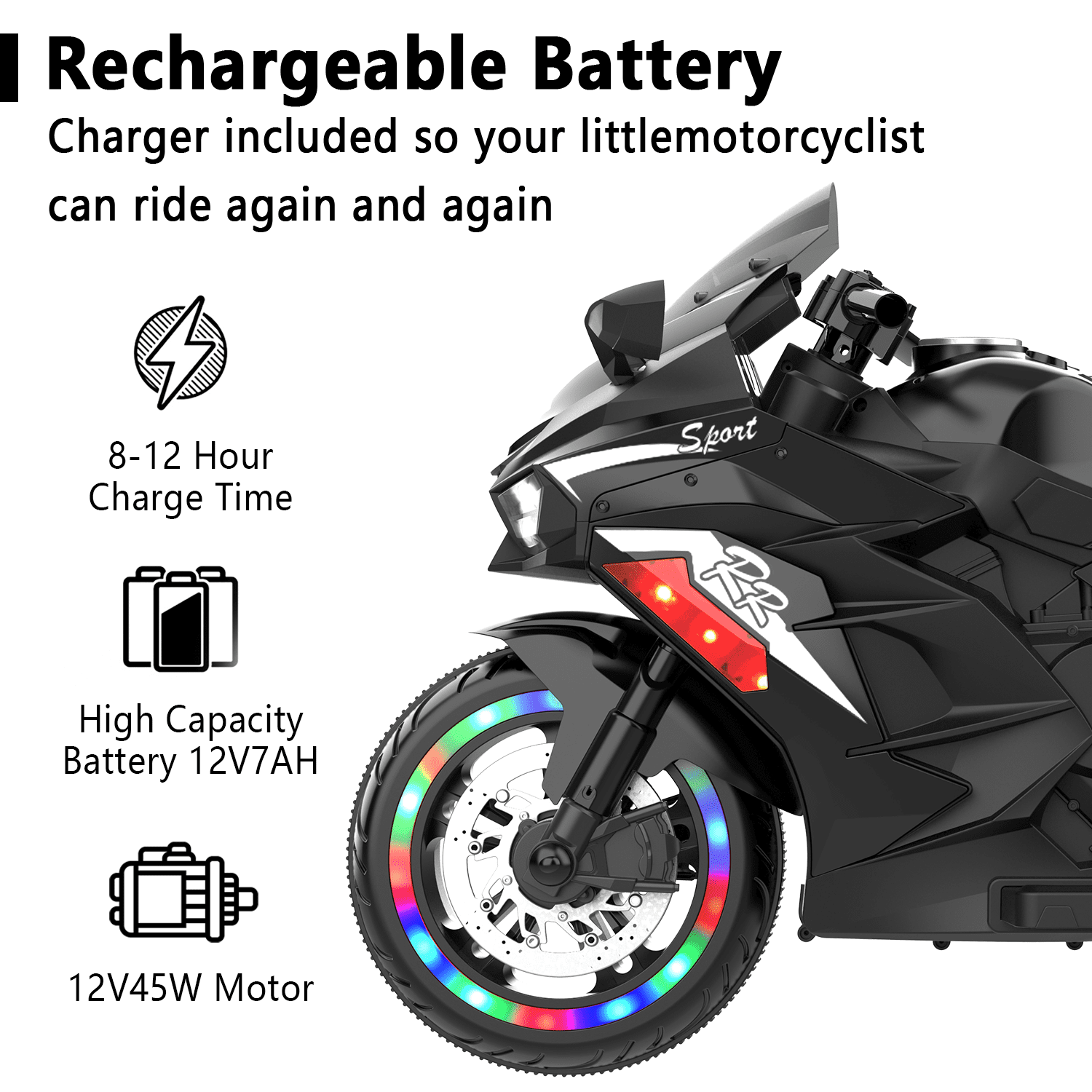 Werseon 12V Motorcycle Ride on Toy for Kids Ages 3+, Rechargeable Motorcycle with LED Light & Training Wheels, up to 90lbs, Black