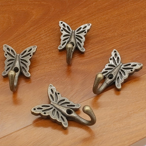 4 Pack Vintage Butterfly Wall Hooks, Antique Bronze Metal Coat Hangers for Entryway Bedroom Bathroom Kitchen, Rustic European Decor Hardware for Hanging Scarves Jewelry Towels