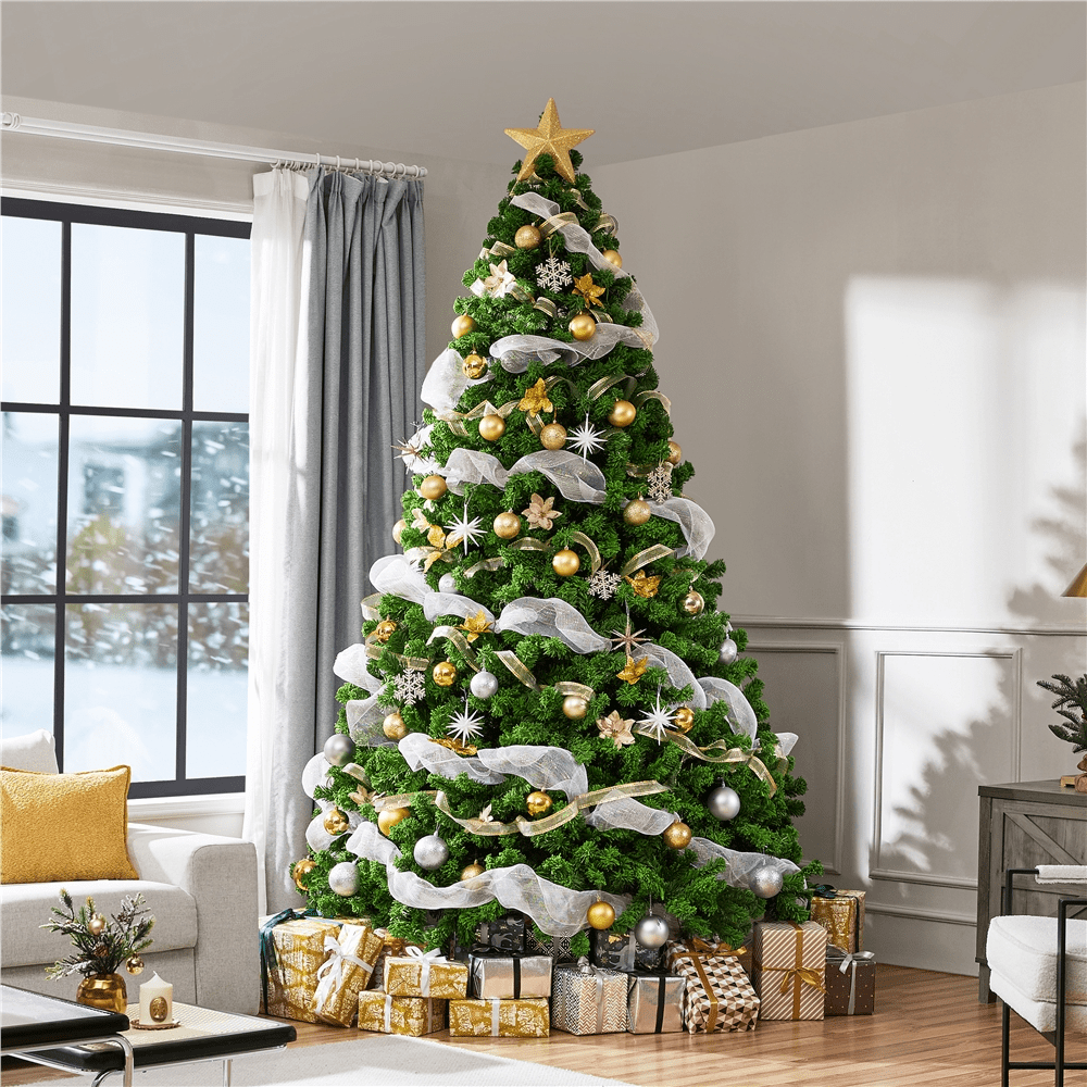 Alden Design 9Ft Pre-lit Flocked Artificial Christmas Tree with Incandescent Warm White Lights, Pure Green