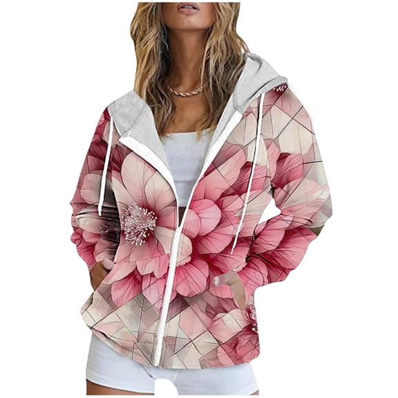Womens Causal Hoodies Zip Up Jackets with Hooded Long Sleeve Oversized Floral Printed Sweatshirt Pullover Pockets