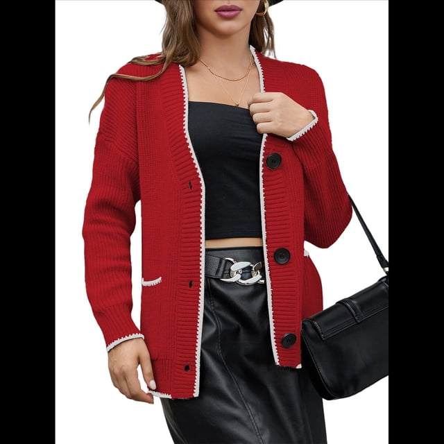 Suéter de Larga con Bloques de Color para Mujer, Abrigo Informal de Otoño con Botones y Bolsillo Rojo L
