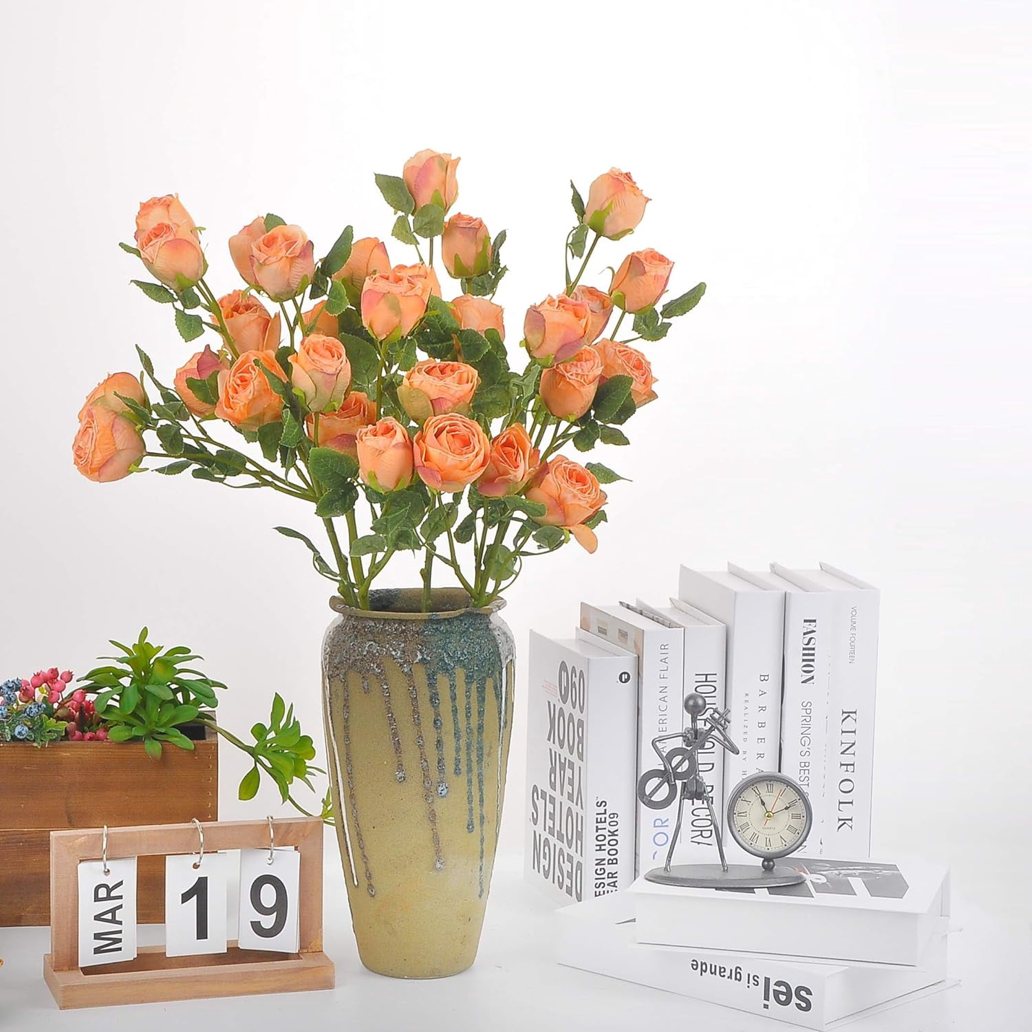 Dried Flower Artificial Rose 6pcs 24 Inch Long Stem Silk Rose with 5 Flowers for Wedding DIY Bridal Bouquet Home Decor Centerpiece Arrangement(White)