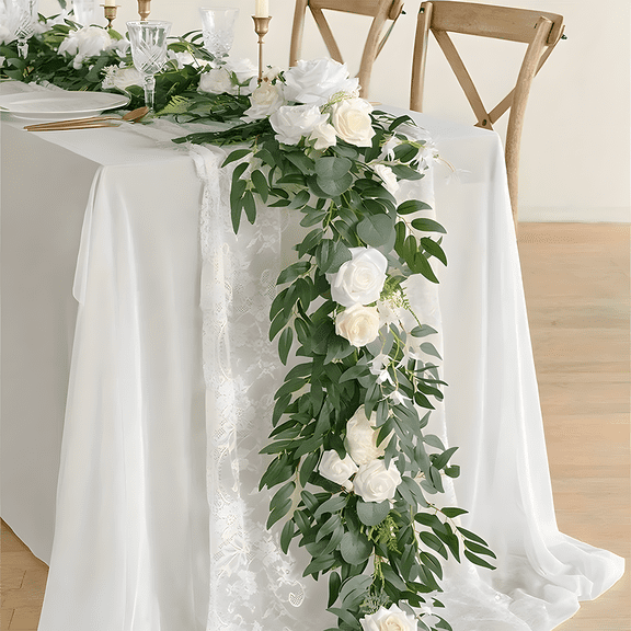 Eucalyptus Garland with White Roses - 5.9ft Handcrafted Greenery Backdrop for Wedding Arch, Sweetheart Table & Centerpiece Decor (1pc)