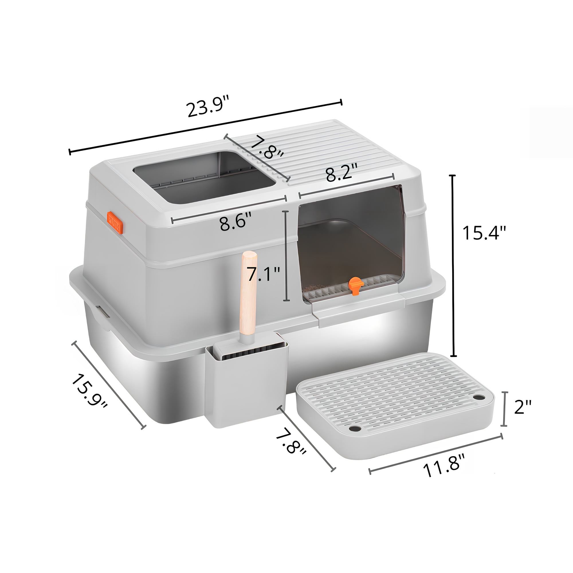 Furrbby Covered Cat Litter Boxes, Large High Side Stainless Litter Box Grey