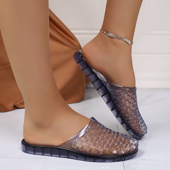 HTHLVMD Womens Jelly Mules, Women's Jelly Mesh Slides Casual Comfortable Closed Round Toe Slip On Soft Sole Clear Mule Sandals for Summer Indoor Outdoor Vacation Beach Slippers, Black 6
