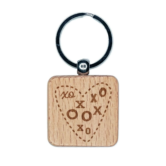 Heart XO Love Square Keychain Charm Tag - Engraved Wood