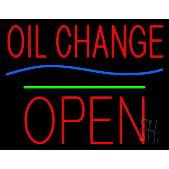 Oil Change Open Block Green Line LED Neon Sign 15 x 19 - inches, Clear Edge Cut Acrylic Backing, with Dimmer - Bright and Premium built indoor LED Neon Sign for automotive store, and mall.