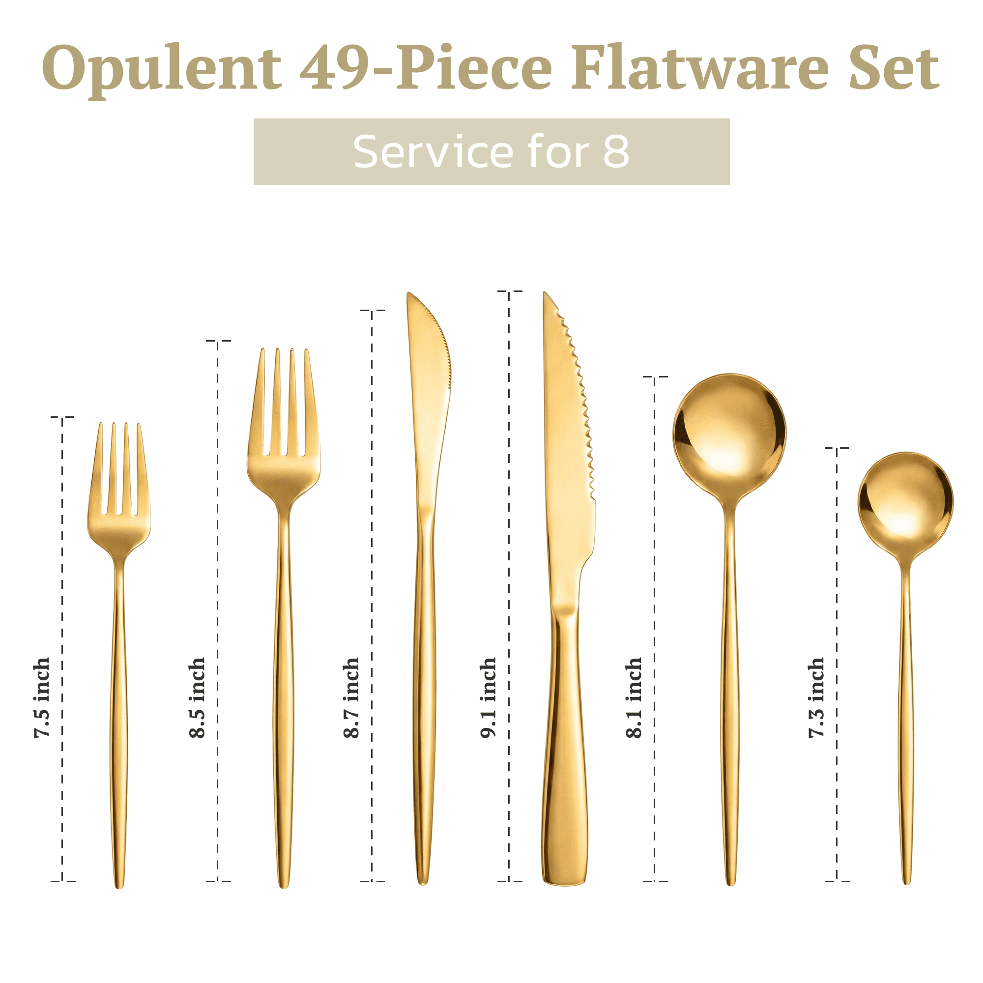 Astercook 49-Pieces Gold Silverware Set with Steak Knives for 8 - Great Food-Grade Stainless Steel Flatware Set, Mirror-polished Cutlery Utensil Sets, Ideal for Home Restaurant & Banquet Use, Gold