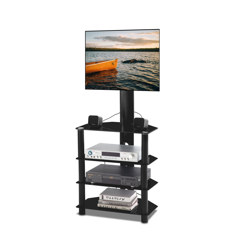 4 Tier Shelves Swivel Mount Floor TV Stand With Height Adjustable For