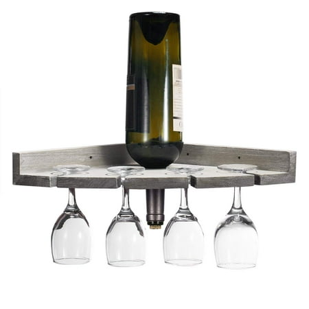 Wood Wall Wine Rack NEX Rustic Wood Wall Mounted Wine Rack Holder, Corner Shelf for Wine Bottles and 4 Stemware Glasses (NX-HK129-38) ()