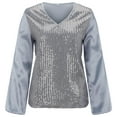 thumbnail image 2 of felwors Women's Sequin Tops Sheer Long Sleeve Glitter Sparkly Party Blouse Velvet V-Neck Dressy Tops for Evening Party Grey, M, 2 of 7