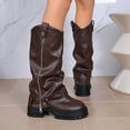 thumbnail image 5 of Domuza Women's Fall Winter Round Toe Platform Mid Calf Boots, Slouchy Pants Shaft Side Zipper Thick Sole Long Boots Brown 6.5（EU-37）, 5 of 7