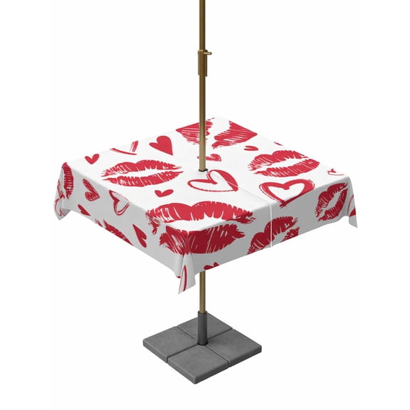 Outdoor Tablecloth with Umbrella Hole and Zipper, Kiss Marks Square Table Cloth 54x54 Inch Waterproof Tablecloth, Valentine's Day Lips Print Love Red Vintage Picnic Table Cover for Patio Camping