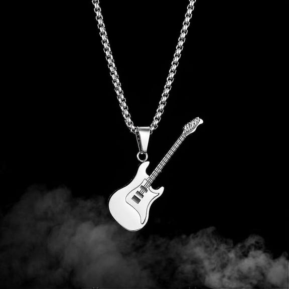 Men's Stainless Steel Guitar Charm Pendant Necklace For Music Lover Gift Silver
