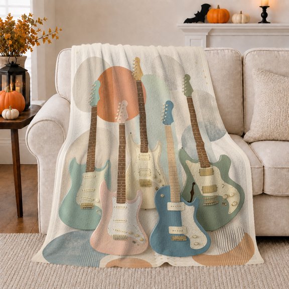 Pastel Electric Guitars with Sun Circle and Stripes, Nostalgic Retro Music Motif for Guitar Lovers, Father's Day Gift, Cozy Flannel Blanket for Game Room and Dorm, Retro Home Decor